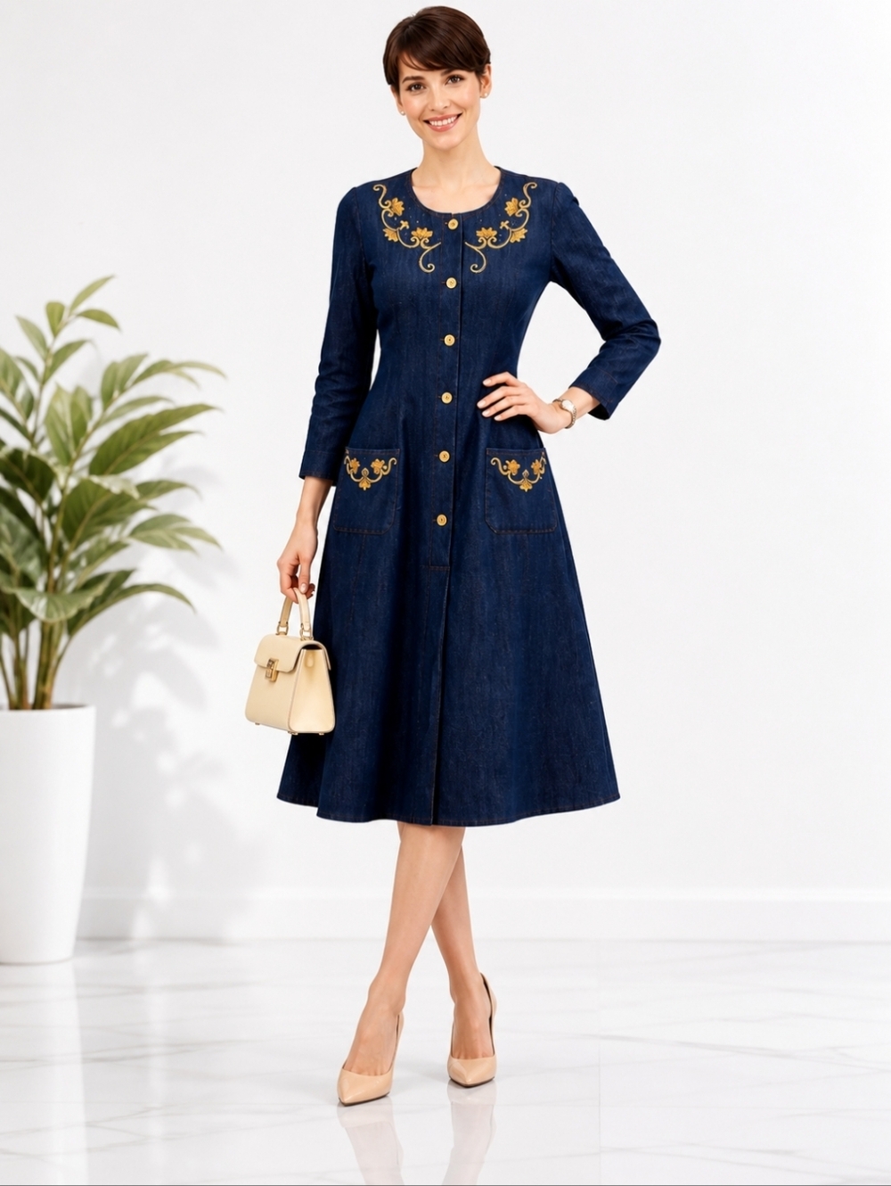 Roni Blanshay | Vintage Denim '70s A-line Embroidered Dress